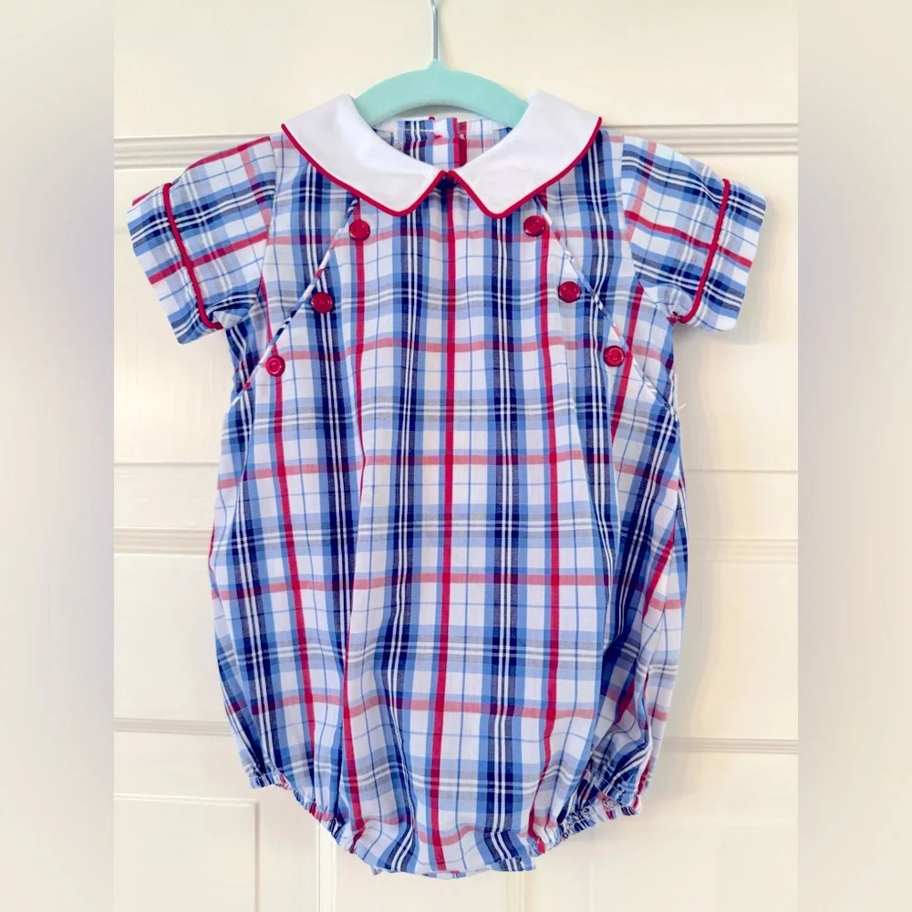 Little English Plaid Baby Boy Romper/ Bubble with Peter Pan Collar, 6M - Picture 1 of 3